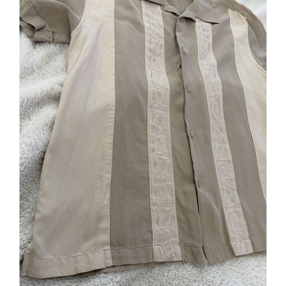 Cubavera Men’s Large Silk Blend Guayabera Shirt Tan Beige Short Sleeve